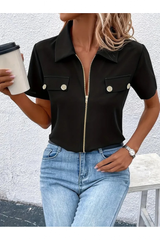Kadın Kısa Kollu Ceket Yaka önü Fermuarlı Cep Detay Kısa Kol Ithal Krep Bluz