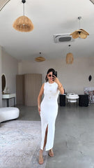 Kadın Bisiklet Yaka Broş Detay Yırtmaçlı Maxi Boy Ottoman Elbise