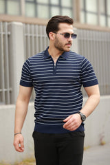 Erkek Fermuar Yakalı çizgili Kısa Kollu T-shirt