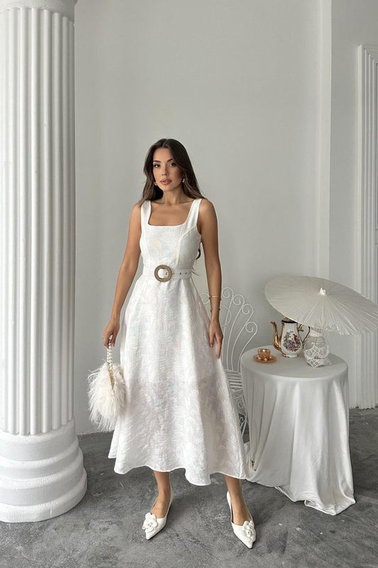 Ekru Kuplu Uzun Elbise