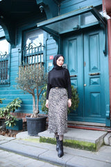 Kadın Yüksek Bel Leopar Desenli Midi Krep Etek