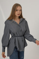 Simli Çizgili Kemerli Gömlek - Siyah