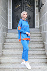 Kadın Indigo Kapşonlu Etek Ucu Detay Arma Ters Dikiş Gorunumlu Ikili Takım