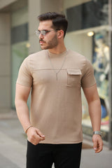 Erkek Cepli Kolyeli Kısa Kollu örme Kumaş T-shirt